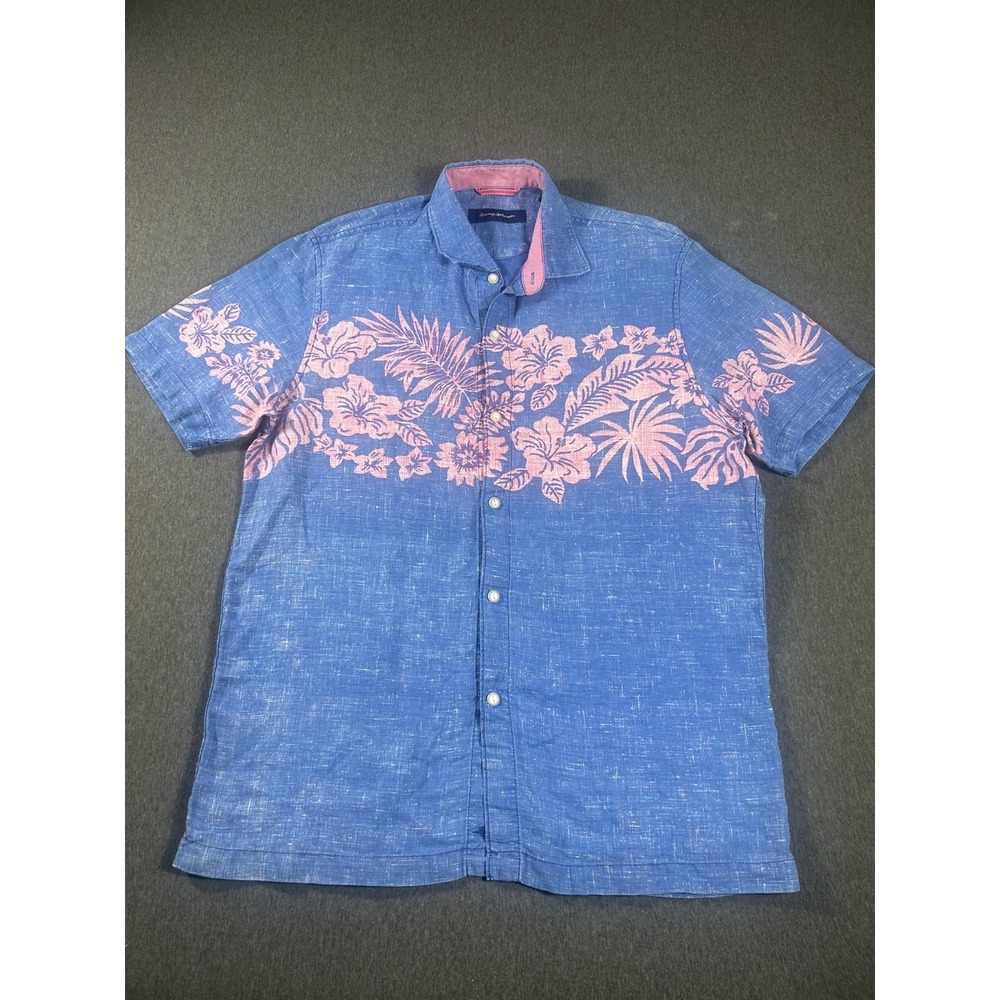 Tommy Bahama Across the Frond 100% Linen Short Sleeve Camp Shirt Blue/Pink Sz M